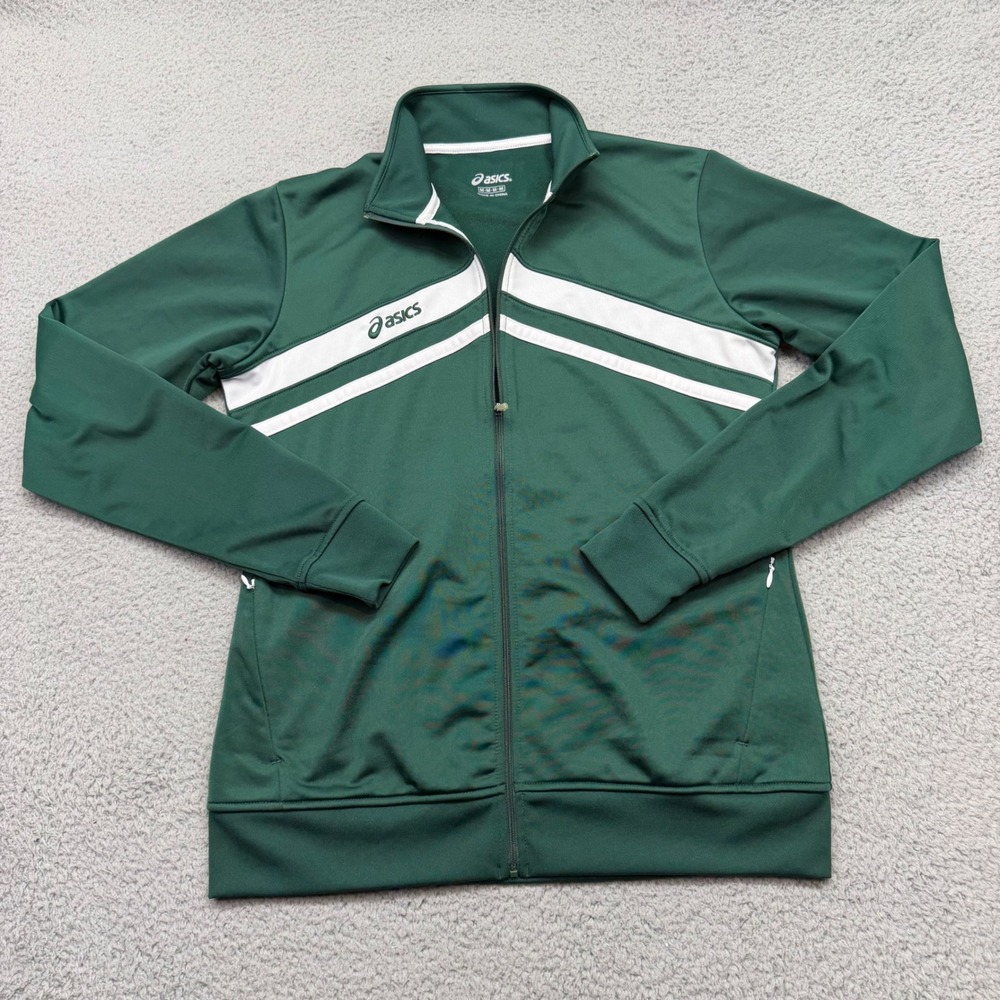 ASICS YT1100 Womens Medium Cabrillo Green Striped Full Zip Warm Up Track Jacket